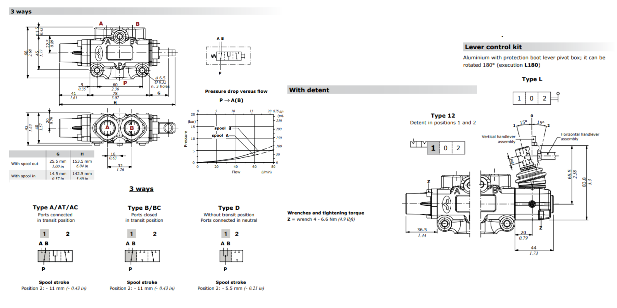 Walvoil, DF5/3A12L, 3 Ways 3/8", Open Centre, Detent, Lever Control Manual Spool Diverter Valve