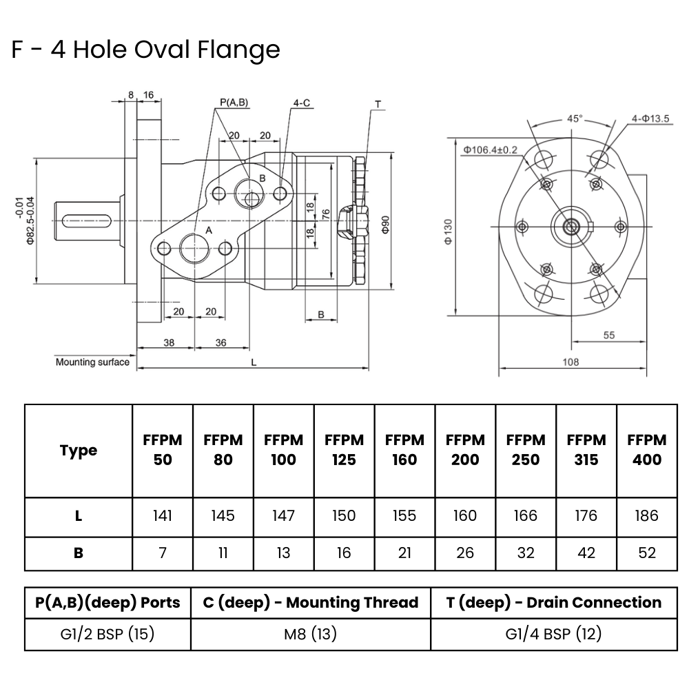 Flowfit Hydraulic Motor 316,8 cc/rev, 25mm Shaft, 4 Hole Magneto Mount, High Pressure Seal