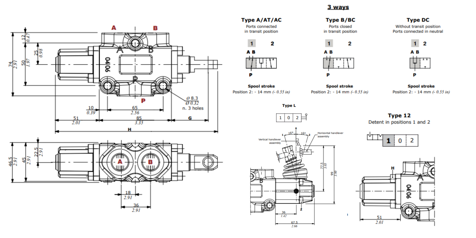 Walvoil, DF10/3A12L, 3 Way, 1/2", Open Centre, Detent, Lever Control, Manual Spool Diverter Valve