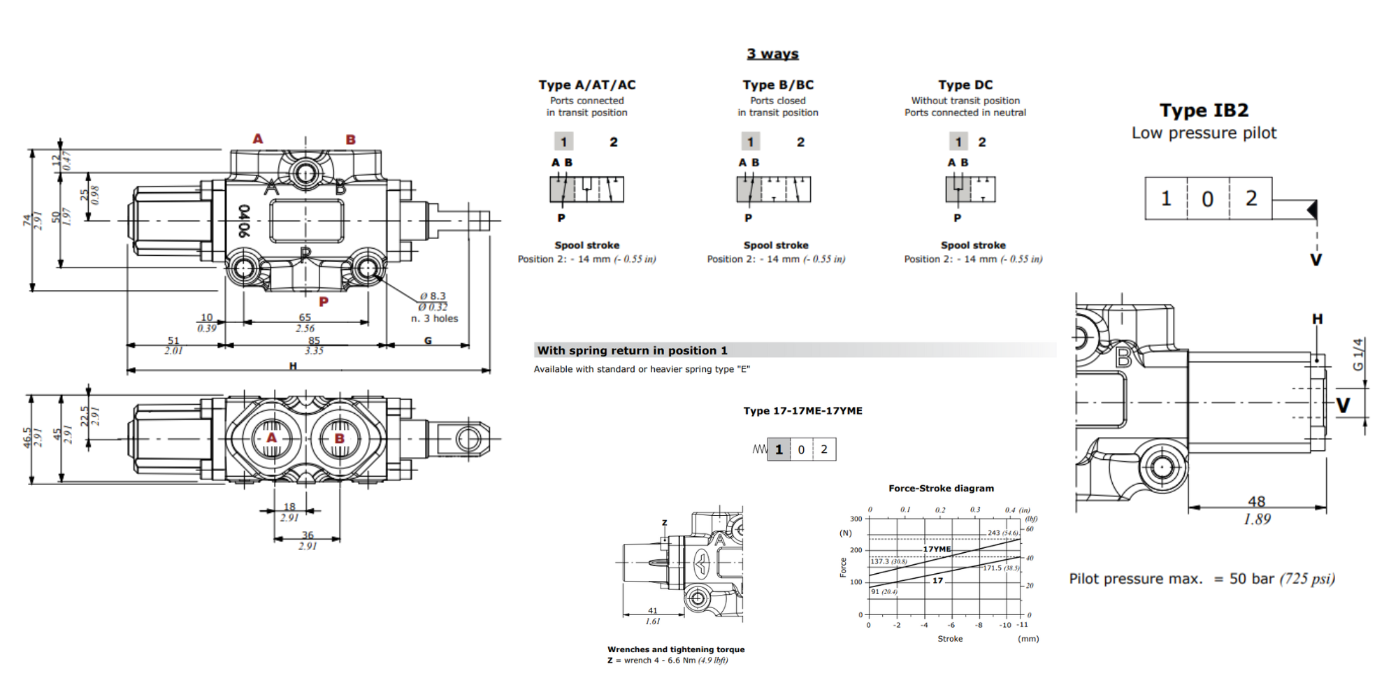 Walvoil, DF10/3A17IB2, 3 Ways, 1/2", Open, Spring Return, Low Pressure Pilot, Manual Spool Diverter Valve