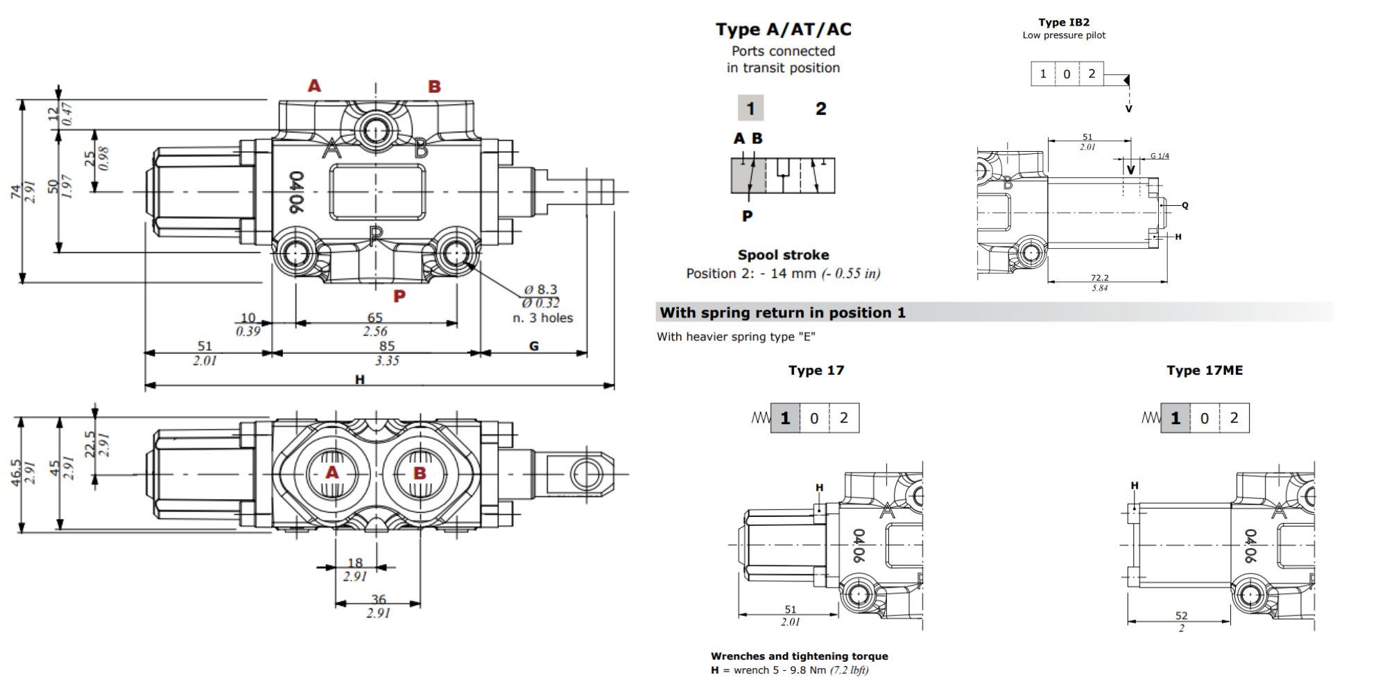 Walvoil, DF10/3A17MEIB2, 3 Ways, 1/2", Open, Heavier Spring Return, Low Pressure Pilot, Manual Spool Diverter Valve Featured Deal