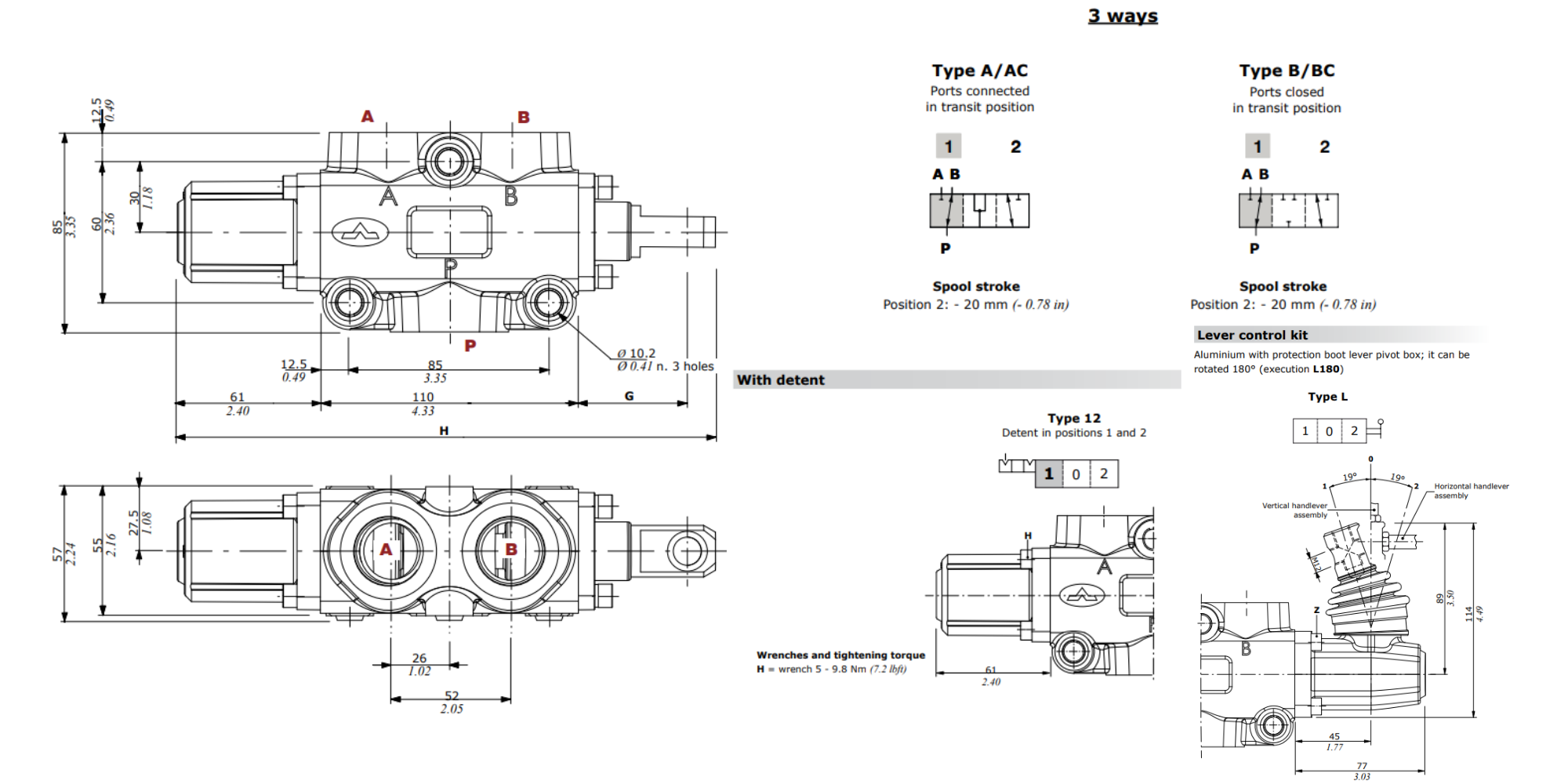 Walvoil, DF20/3A12L, 3 Way, 3/4" BSP Ports, Open Centre, Detent, Lever Control, Manual Spool Diverter Valve