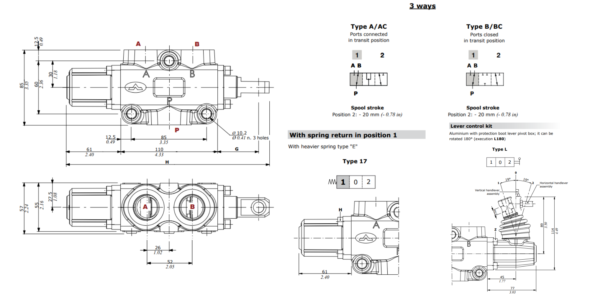 Walvoil, DF20/3A17L, 3 Way, 3/4" BSP Ports, Open Centre, Spring Return, Lever Control, Manual Spool Diverter Valve