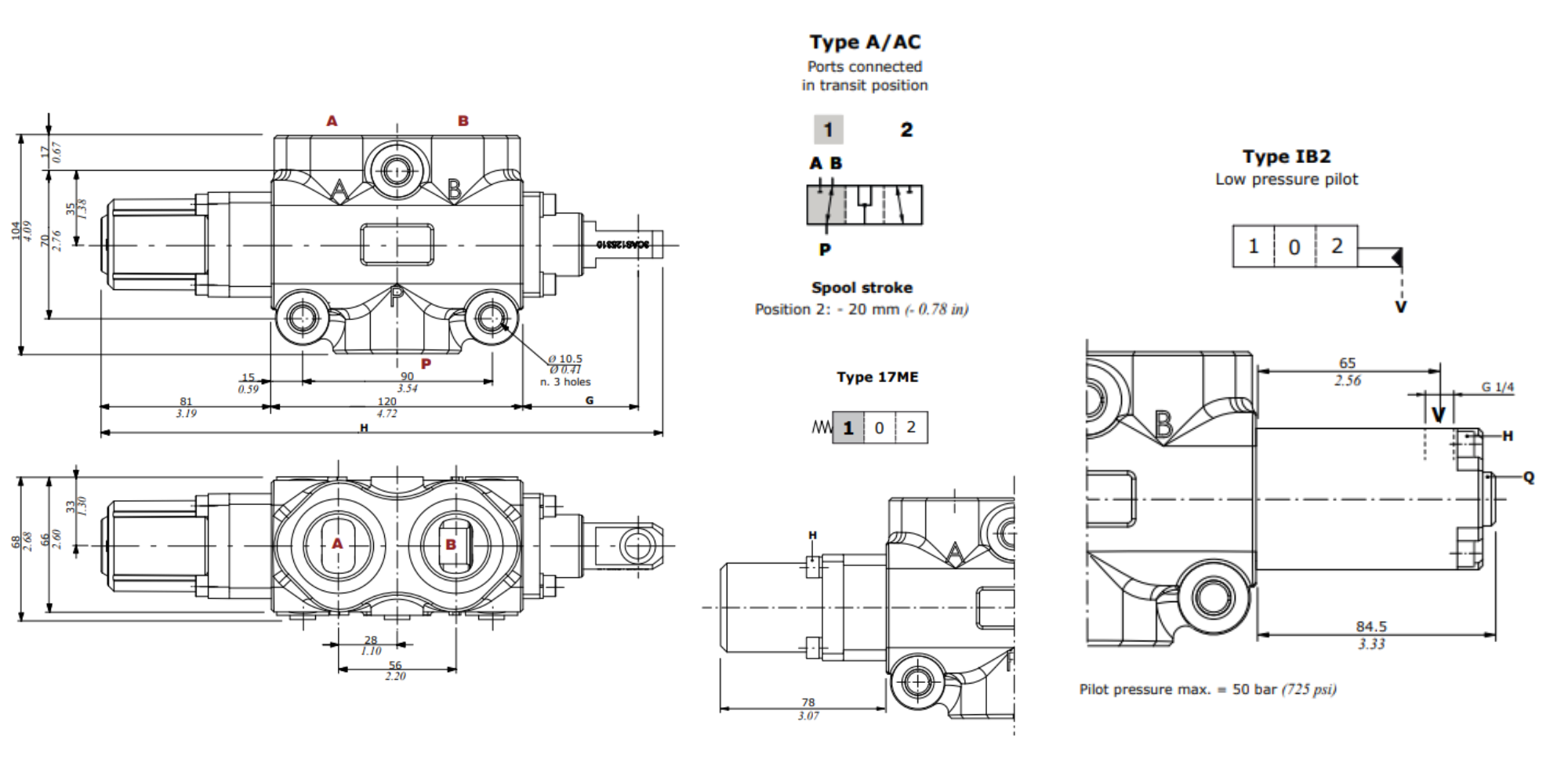 Walvoil, DF25/3A17MEIB2, 3 Ways, 1", Open, Heavier Spring Return, Low Pressure Pilot, Manual Spool Diverter Valve