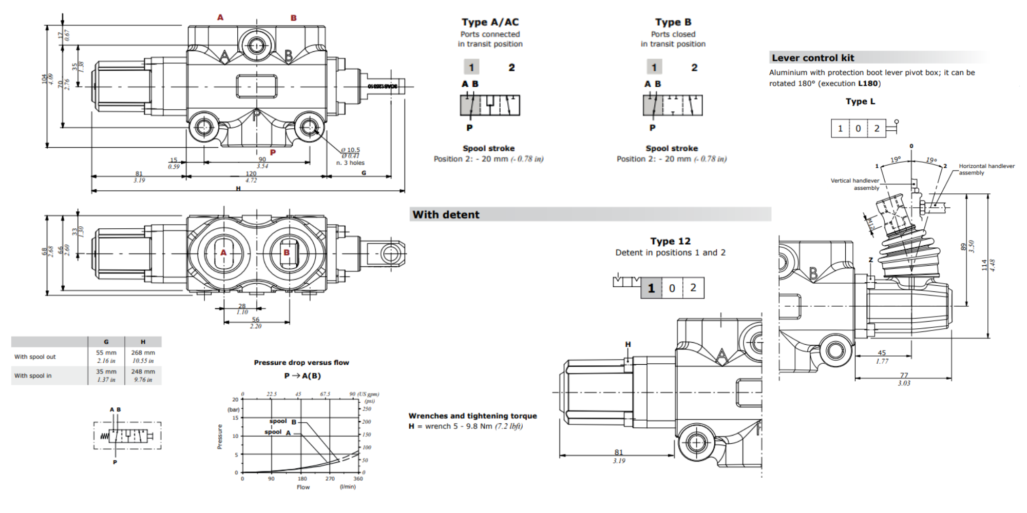 Walvoil, DF25/3B12L, 3 Way, 1" Closed Centre, Detent, Lever Control Manual Spool Diverter Valve