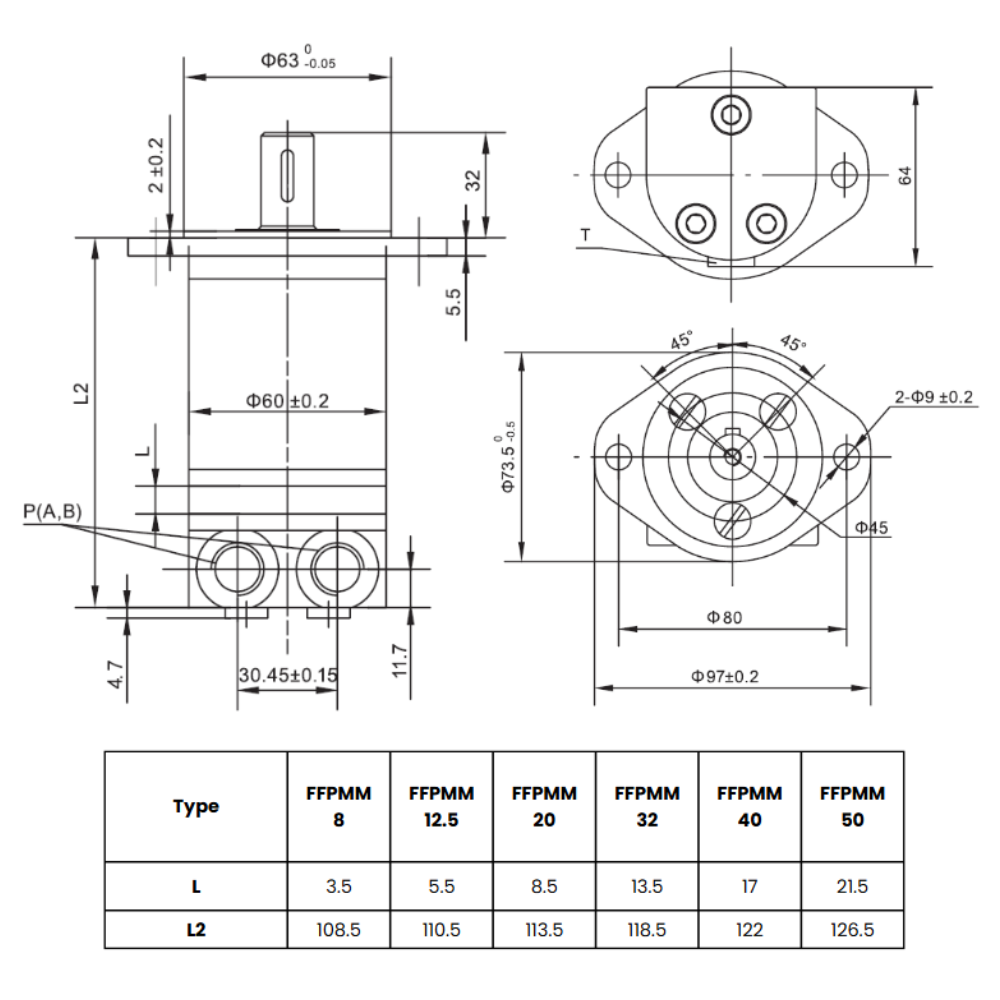 Flowfit Hydraulic Motor 19,9 cc/rev 16mm Parallel Keyed Shaft, oval mount, Side ports