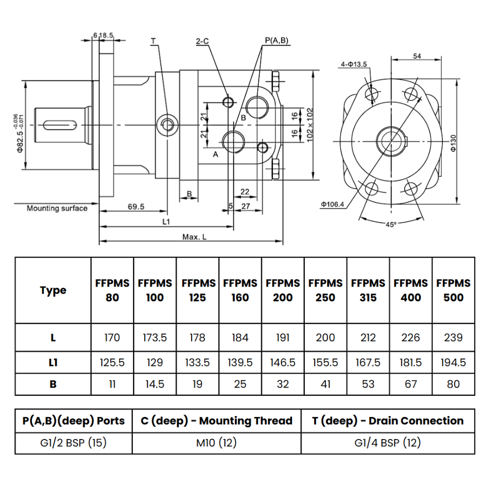 80CC, 4 Bolt Square Mount, 1.1/4 inch (31.75mm) Splined 14T Shaft, Low Speed High Torque Hydraulic Motor