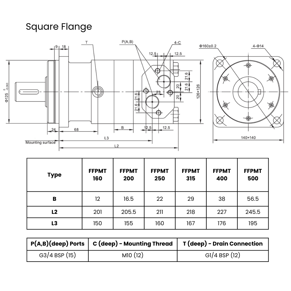 Flowfit Hydraulic Motor 158,8cc/rev 4-hole 40mm Parallel Keyed Shaft