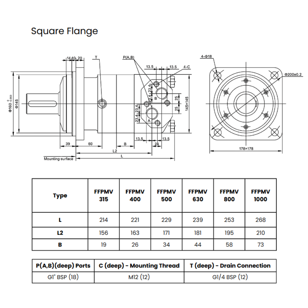 Flowfit Hydraulic Motor 314,9 cc/rev 4-hole, 50mm Parallel Keyed Shaft