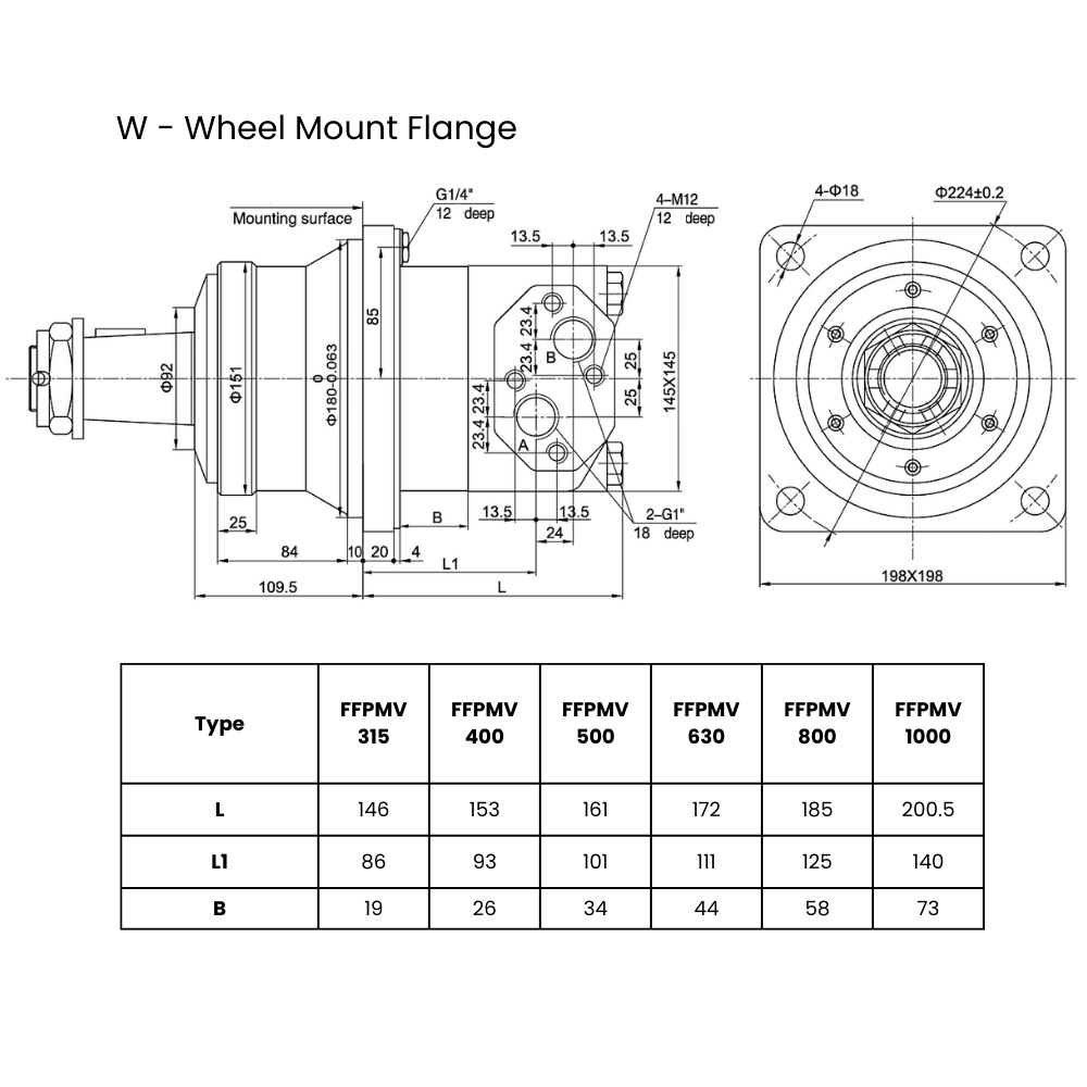 Hydraulic motor 399,7 cc/rev 4-hole, 60mm Tapered Shaft, 1:10 Wheel Mount