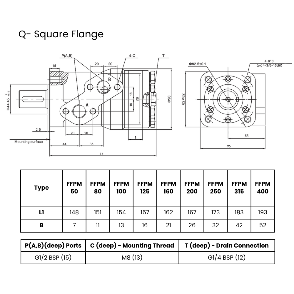 Flowfit Hydraulic Motor 51,2 cc/rev 25mm Parallel Keyed Shaft, 4 Hole Square Mount, High Pressure Seal