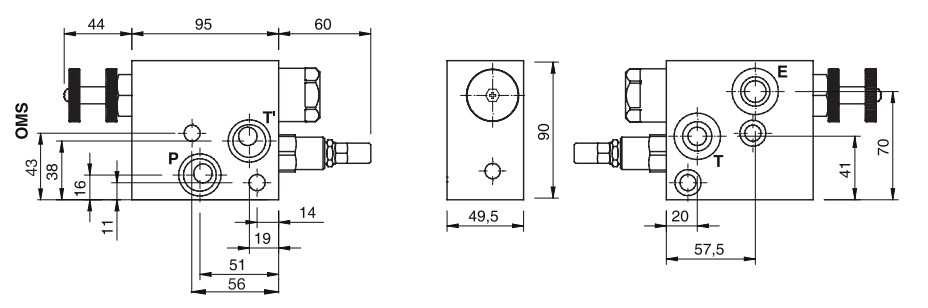 Flow Control Valve, Excess to Tank For Danfoss Motors OMS c/w Relief Valve On Priority Line, RFP3 1/2 OMS c/VMP