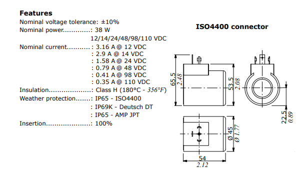 Walvoil Coil D15, 12VDC-38W-H, To Suit DFE052