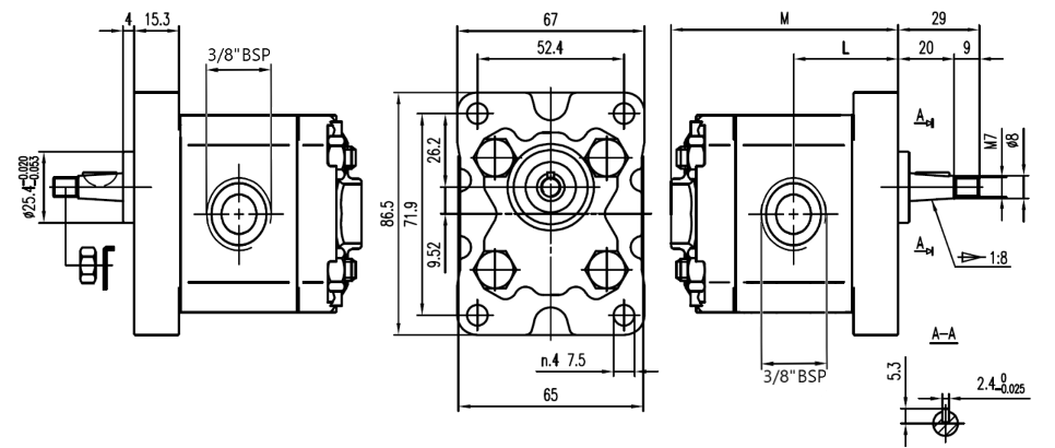 Flowfit Hydraulic Gear Pump, GP1, 1.1CC, Clockwise 3/8 Inlet & 3/8 Outlet BSP Ports, 4 Bolt EU Flange