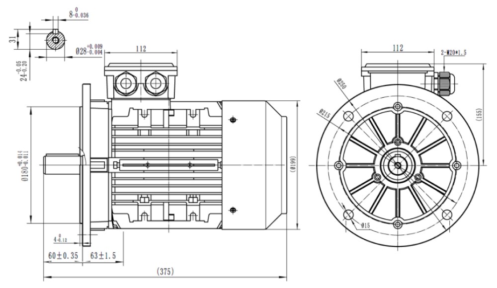 Three Phase 400v Electric Motor, 2.2Kw 4 pole 1450rpm with flange mount IE3