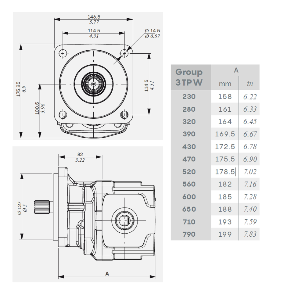 Walvoil 3TPW Hydraulic Cast Iron Gear Pump, Group 3, 60.9CC, Clockwise, SAE J5-1, 39mm Inlet & 32mm Outlet, SAEC4F 4 Bolt 14T Spline Walvoil 3TPW Hydraulic Cast Iron Gear Pump, Group 3, 60.9CC, Clockwise, SAE J5-1, 39mm Inlet & 32mm Outlet, SAEC4F 4 Bolt 14T Spline