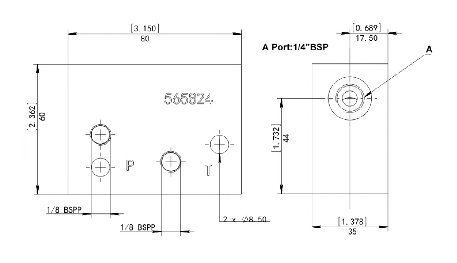 PP Unit Stacking Manifold, 2x 3/4 UNF Cavities 1x 1/4 Port