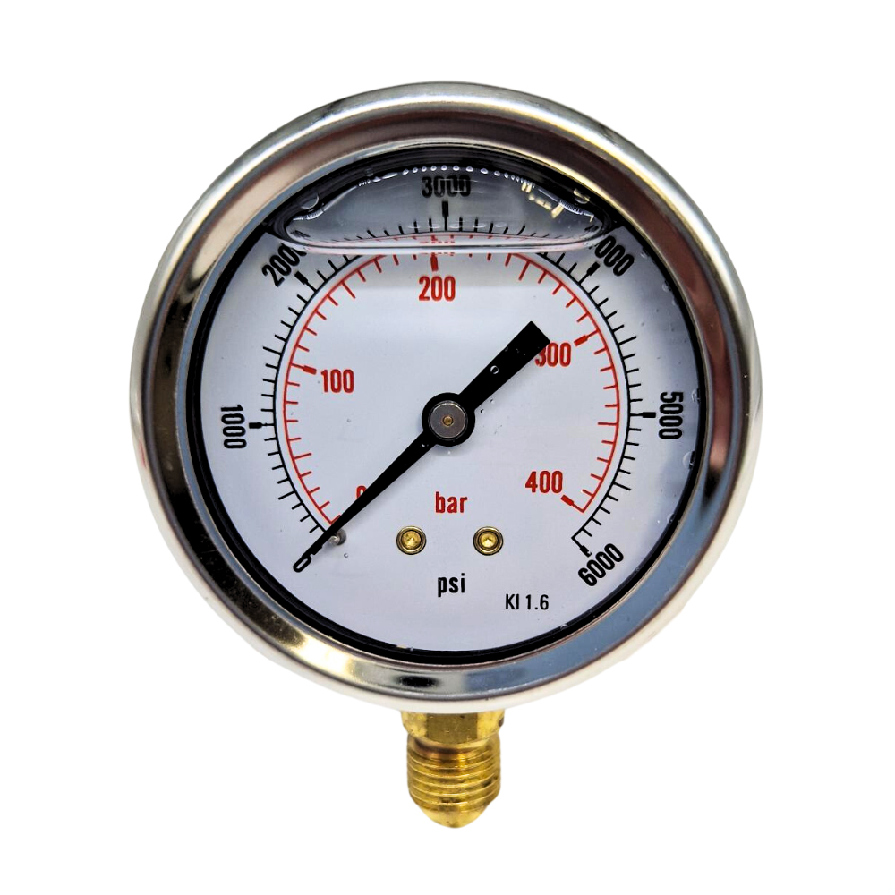 63mm Glycerine Filled Hydraulic Pressure Gauge, 0-6000 PSI (414 Bar), 1/4" BSPP, Base Entry