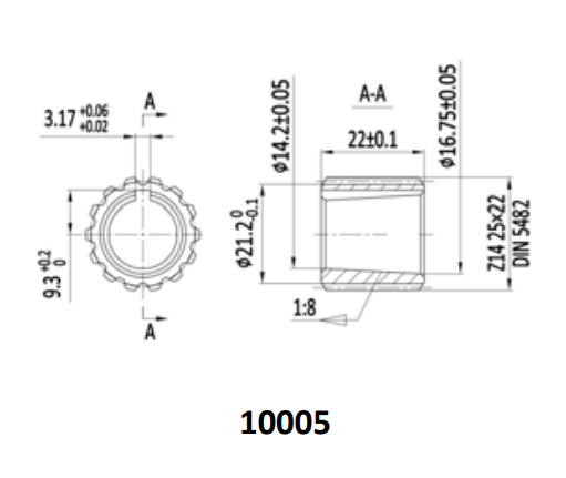 Group 2 25X22 DIN5482B 14 Tooth 3.17mm Keyway Spline Coupling