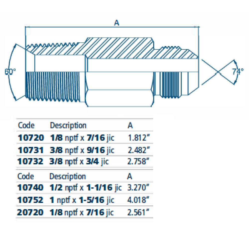 1/8 NPTF x 7/16 JIC EXTENDED M/M Hydraulic Adaptor