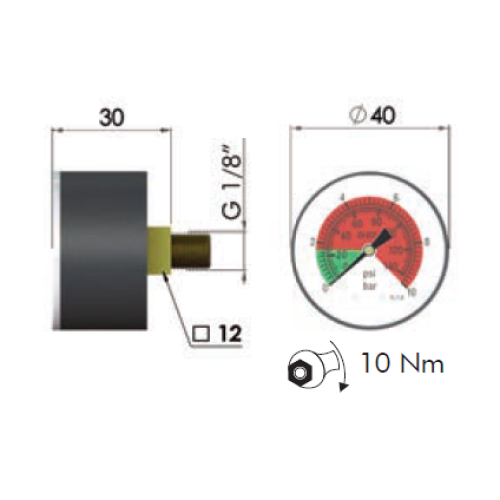 MPC Filtrec Return Clogging Indicator, Pressure Gauge, Grn0-3Bar Red3-10Bar, 1/8 BSP Rear Entry