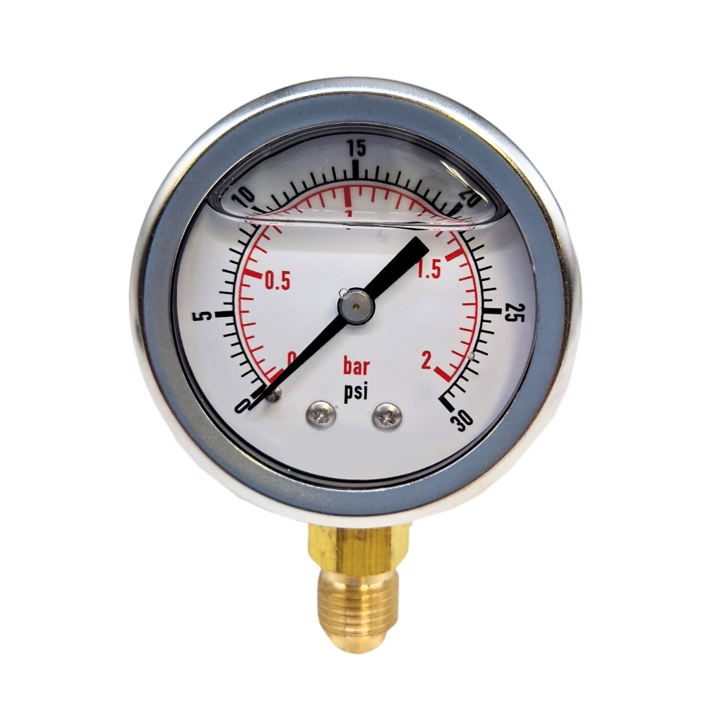 50mm Glycerine Filled Hydraulic pressure gauge 0-30 PSI (2 BAR) 1/4" BSP BASE Entry