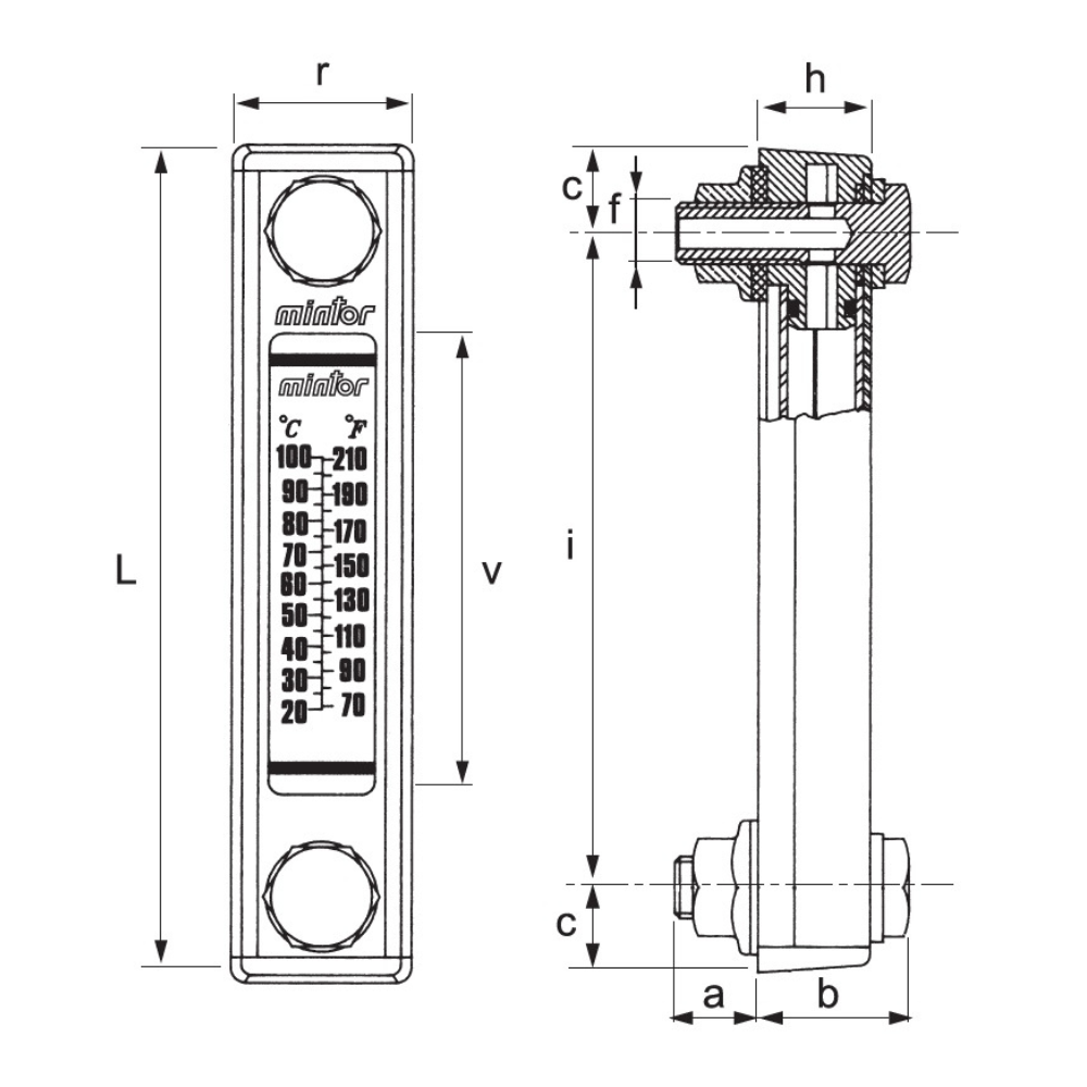 Hydraulic vertical level indicator with thermometer, M10, Length 76mm