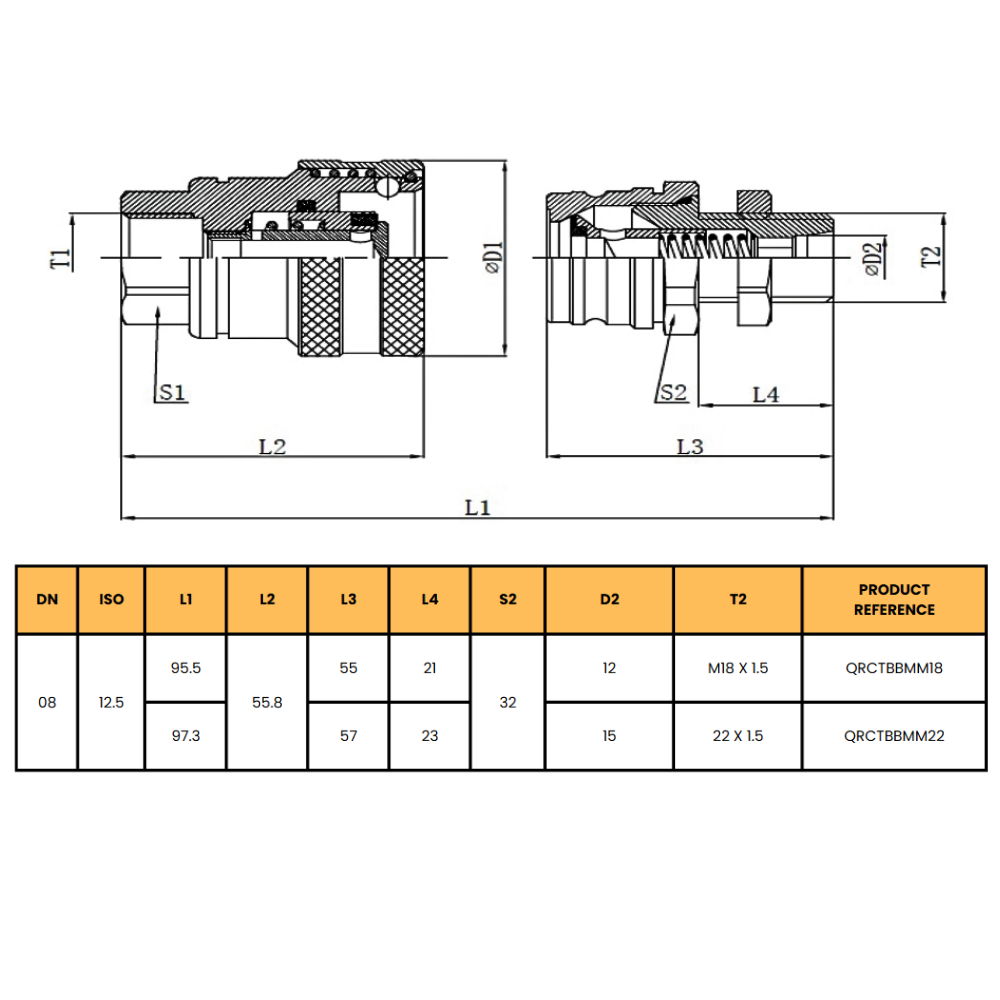 Male trailer brake quick release coupling with bulkhead connection, M18X1.5 bulkhead DN08, 150 Bar rated, 24 L/min