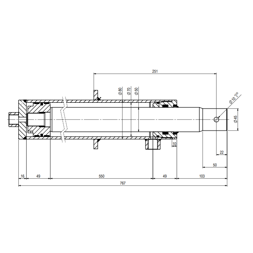 Hydraulic D/Acting Log Splitter Cylinder, 70 Bore, 50 Rod, 550 Stroke, 767 Closed