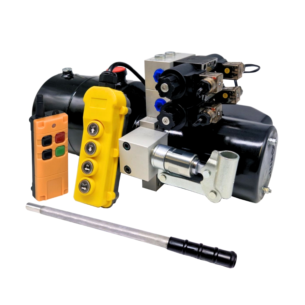 Flowfit 24V DC Double Acting, Double Solenoid Hydraulic Power Pack 1.6KW With 4L Steel Tank, Back Up Hand Pump & Wireless Remote