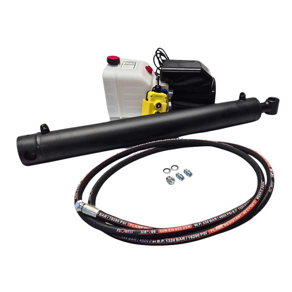 Flowfit Hydraulic 12V DC single acting trailer kit to lift 2.5 Tonne, 400mm cylinder stroke