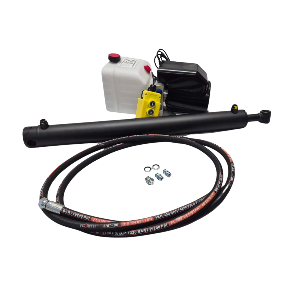 Flowfit Hydraulic 12V DC single acting trailer kit to lift 3.9 Tonne, 600mm cylinder stroke