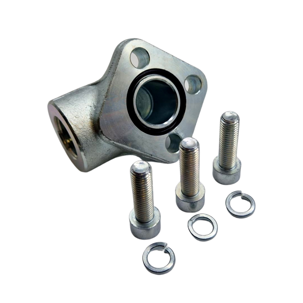 26mm PCD, Female, 3/8” BSP, European Flange, 90° Elbow Gear Pump Connector