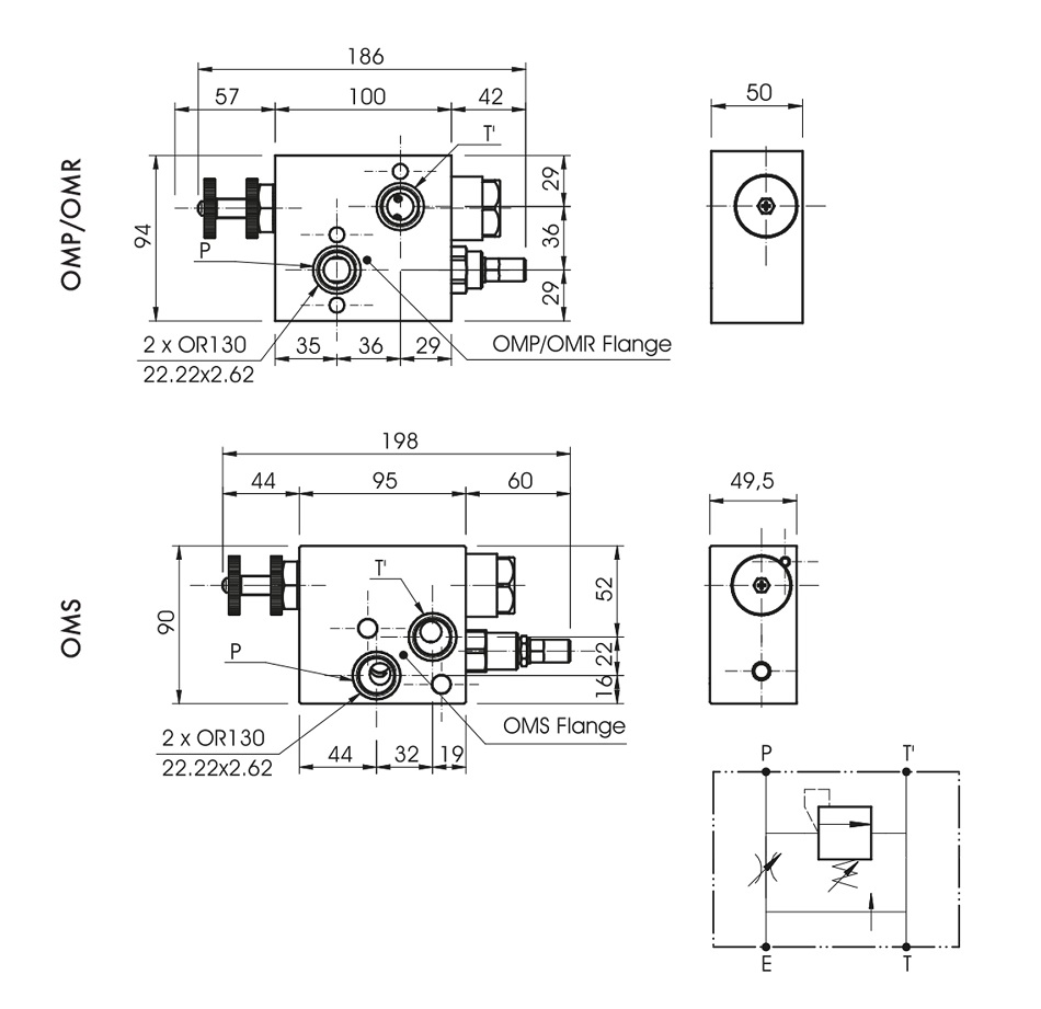 Flow Control Valve, Excess to Tank For Danfoss Motors OMS c/w Relief Valve On Priority Line, RFP3 1/2" OMS c/VMP