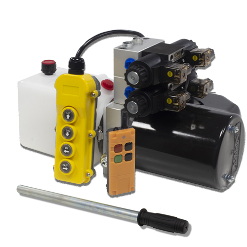 Flowfit 24V DC Double Acting, Double Solenoid Hydraulic Power pack 2KW with 2.5L Tank, Back Up Hand Pump & Wireless Remote